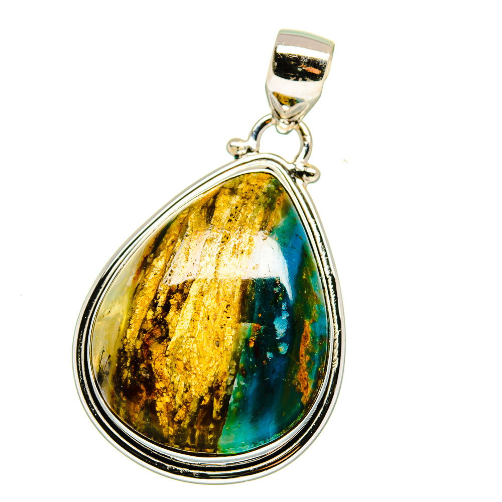 Teardrop azurite stone pendant with 925 sterling silver bezel and gold-blue-green marbling