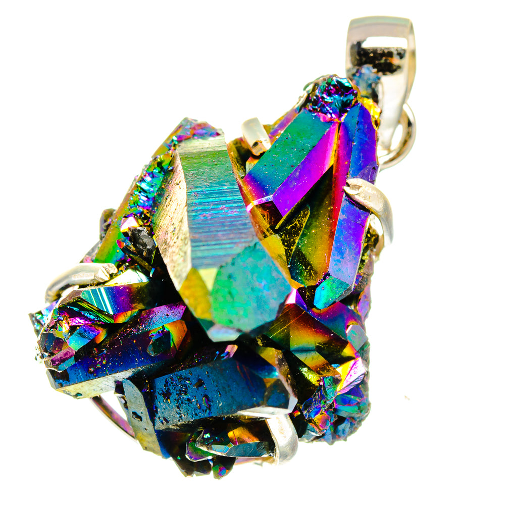 Iridescent druzy quartz pendant with rainbow facets and 925 sterling silver bail