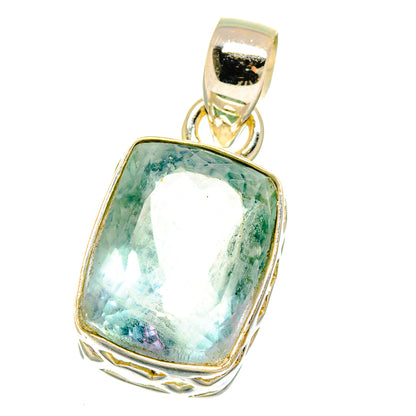 Square bezel pendant featuring faceted blue-green stone with sterling silver bail