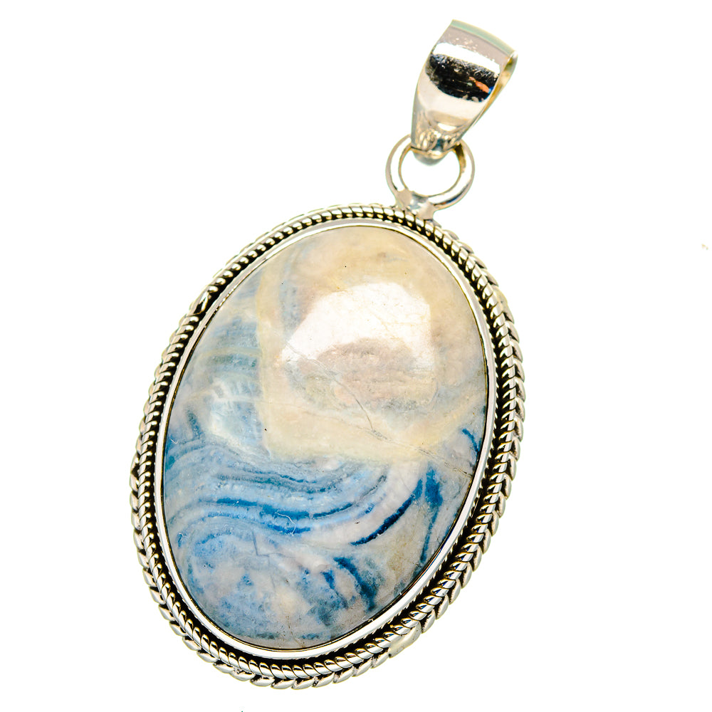 Oval blue scheelite cabochon pendant in 925 sterling silver bezel with bail