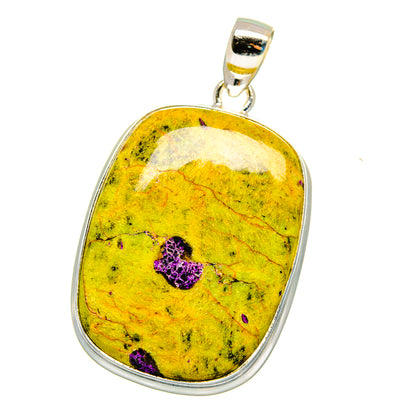 Teardrop-oval stichtite pendant with yellow-green stone, purple matrix, silver frame