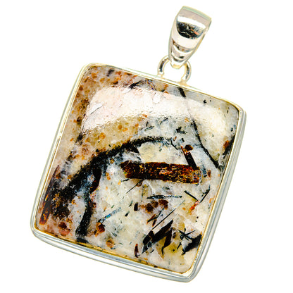 Square sterling silver pendant with white, black, and gold speckled gemstone.
