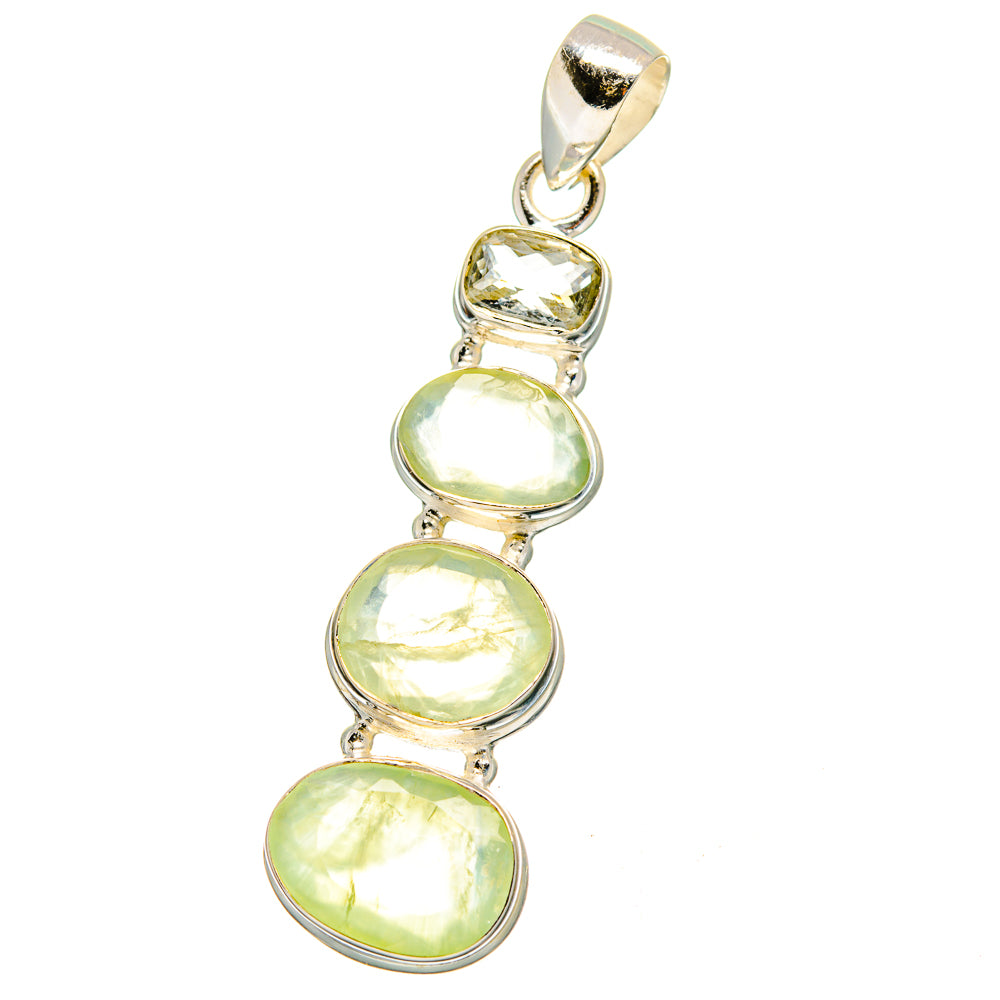 Round green gemstone pendant in 925 silver with four stacked stones and polished bail