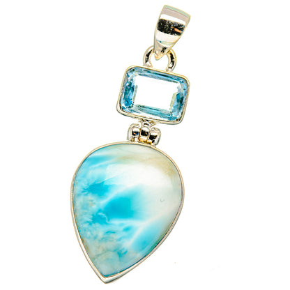 Sterling silver pendant: pear-shaped Larimar with square blue topaz accent
