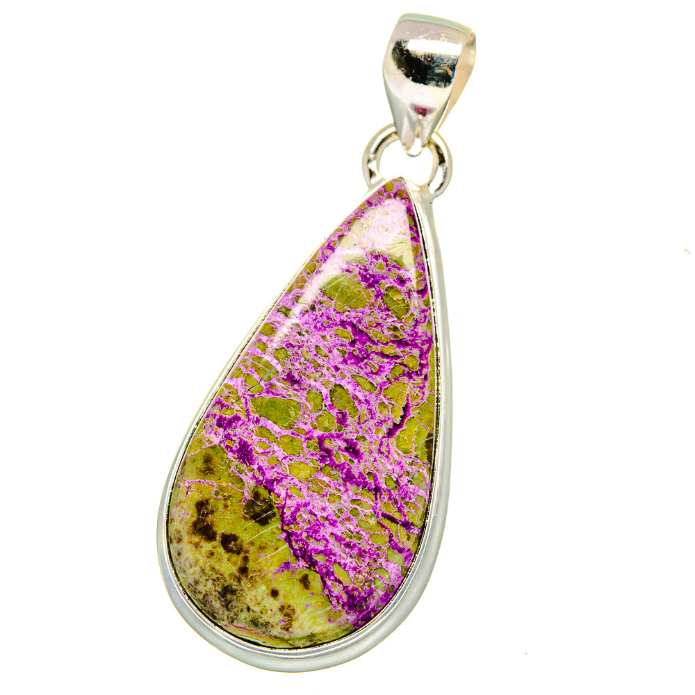 Stichtite pear-shaped pendant with purple green speckled stone and silver frame