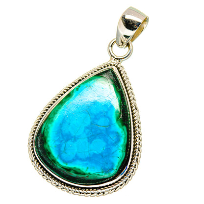 Sterling silver teardrop pendant with blue-green chrysocolla stone cabochon