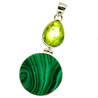 Sterling silver pendant with yellow-green peridot oval above round green malachite disc