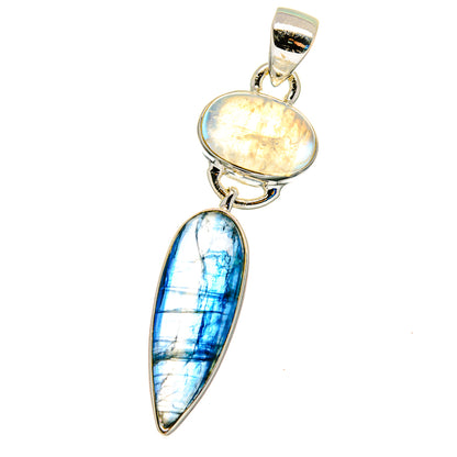 Sterling silver pendant with oval rainbow moonstone and blue kyanite drops