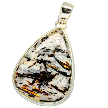 Teardrop sterling silver pendant with white astrophyllite stone and black-gold streaks