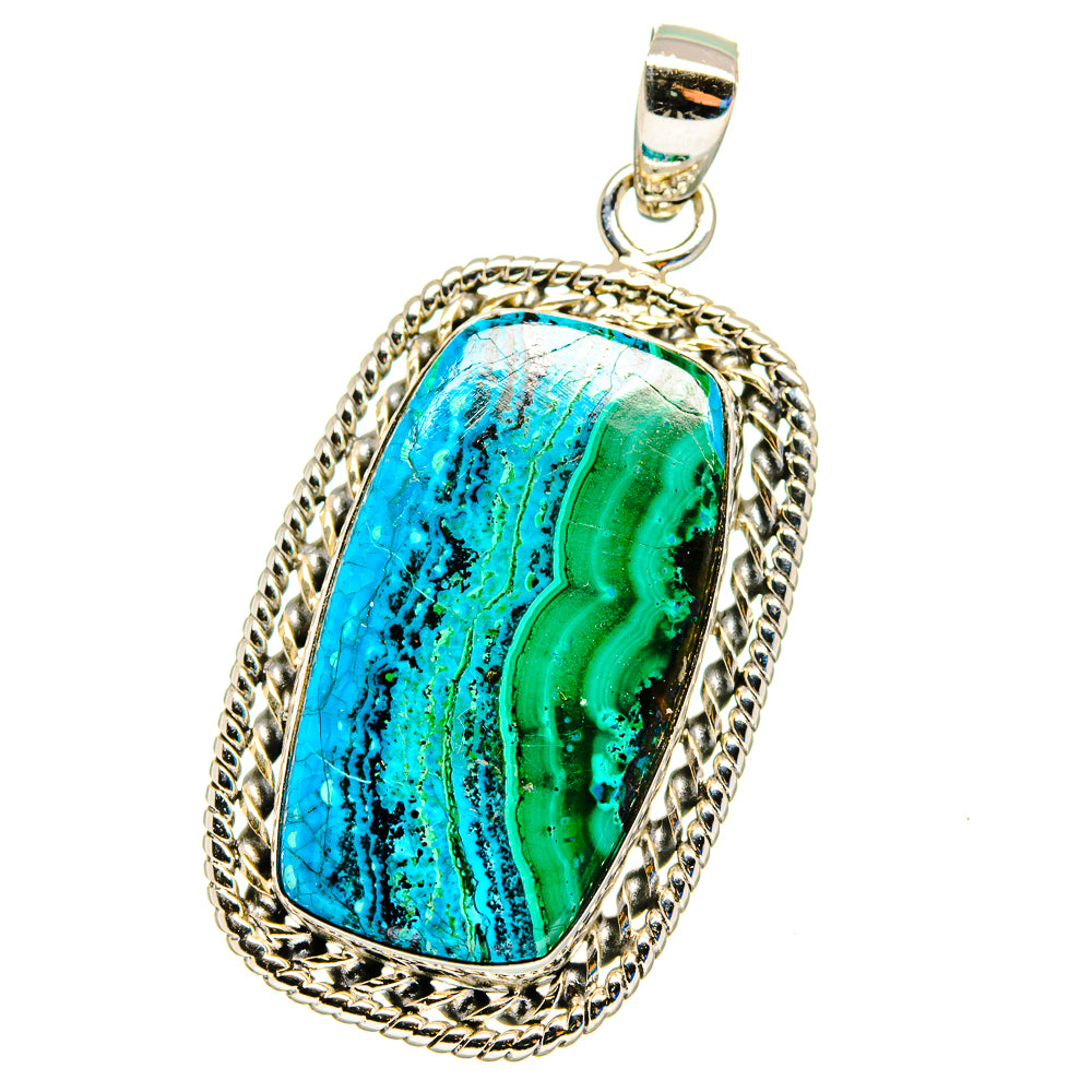 Oval blue-green marbled gemstone pendant in silver rope bezel frame