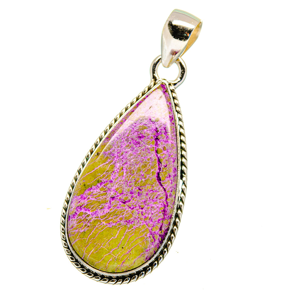 Stichtite teardrop pendant in 925 sterling silver with purple and yellow stone