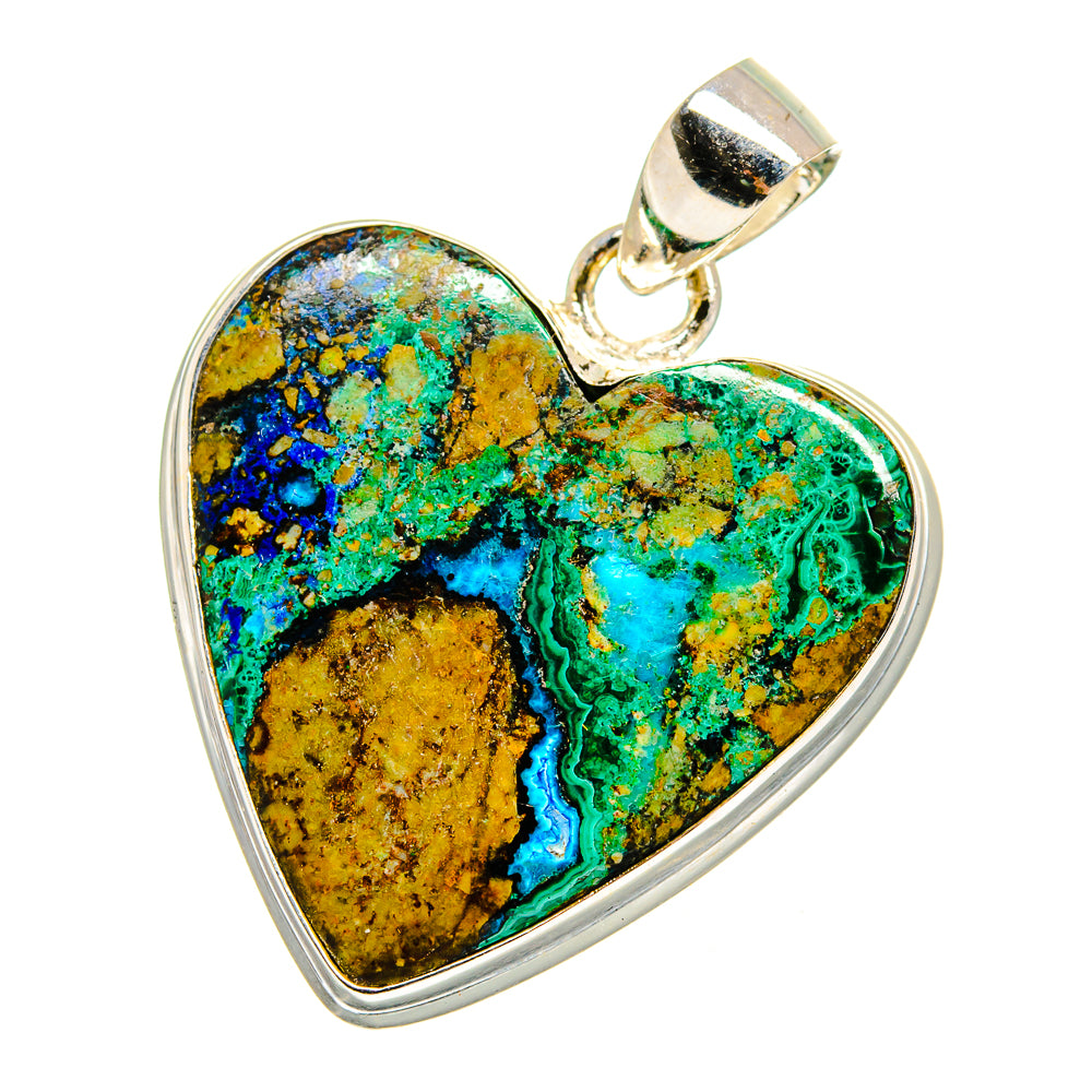 Full view heart gemstone pendant with 925 sterling silver bail; blue-green-yellow azurite-malachite