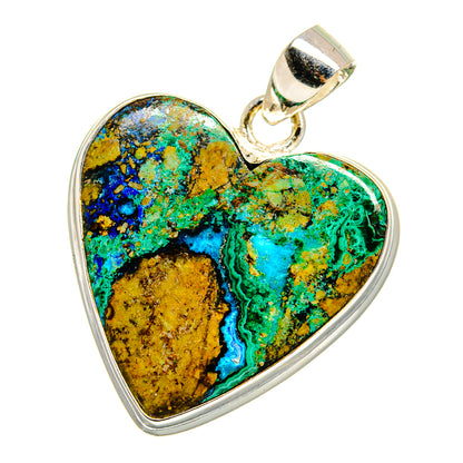 Full view heart gemstone pendant with 925 sterling silver bail; blue-green-yellow azurite-malachite