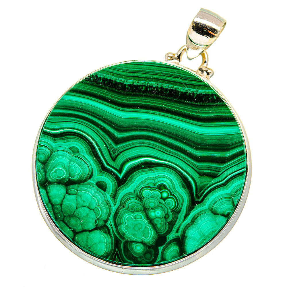 Round 925 sterling silver malachite pendant with green swirls and round bail