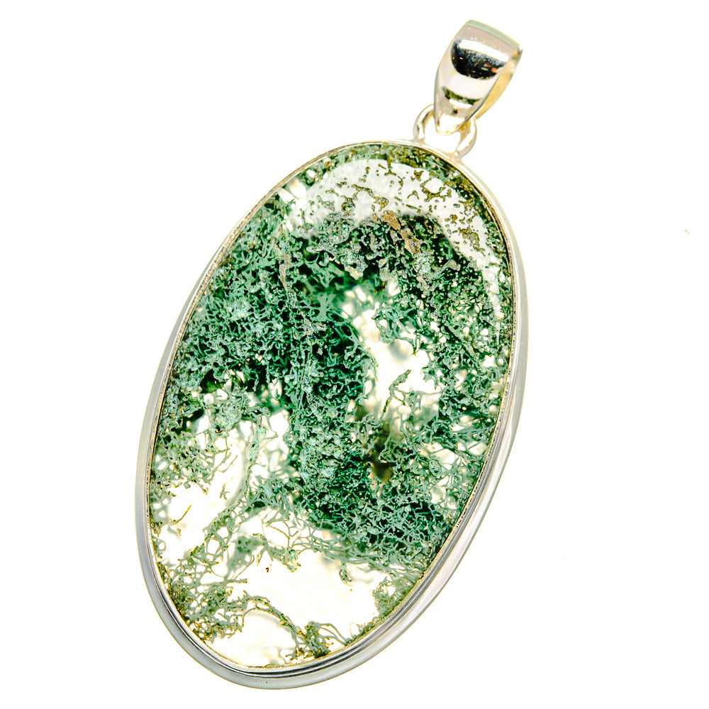 Green moss agate oval pendant in 925 sterling silver bezel, full view
