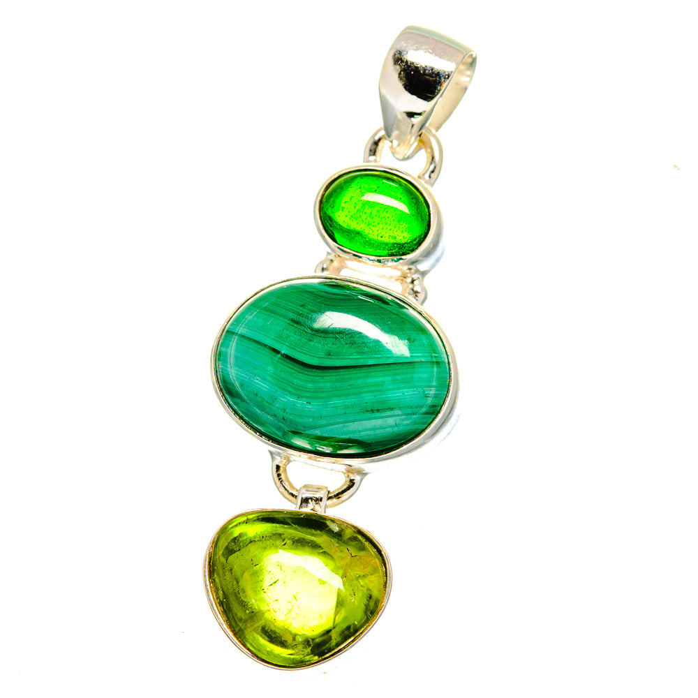Three-stone green gemstone pendant with sterling silver bezels and heart-shaped lower stone