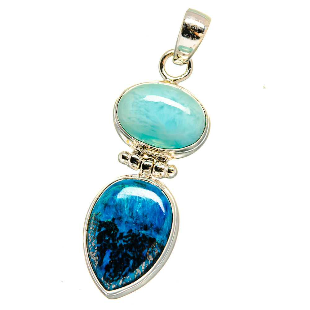 Two-stone oval gemstone pendant in sterling silver with light blue and deep blue cabochons