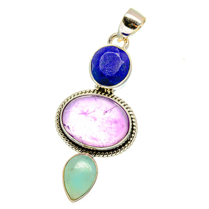 Sterling silver triple-stone pendant: blue lapis oval, purple amethyst oval, mint larimar teardrop