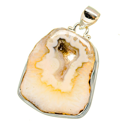 White geode slice pendant with polished 925 sterling silver bezel and loop bail