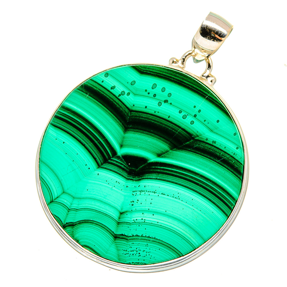 Round malachite pendant in sterling silver setting with loop bail, vivid green stripes.