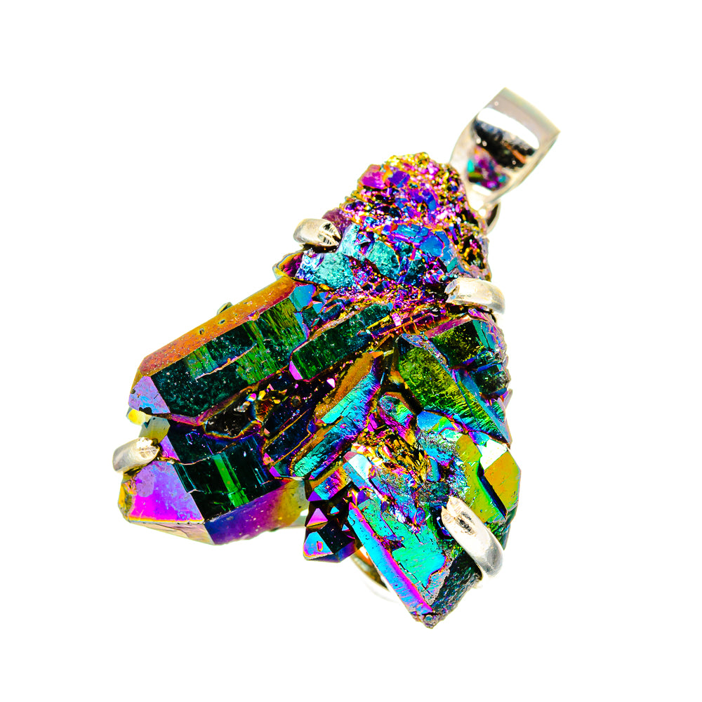 Sterling silver bail druzy pendant with prong-set rainbow crystal cluster