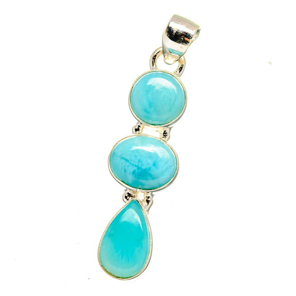 Sterling silver Larimar pendant with three blue oval cabochons on a top hanging loop