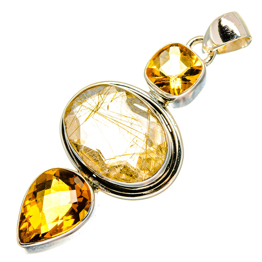 Sterling silver pendant featuring large oval rutilated quartz with round citrine accents