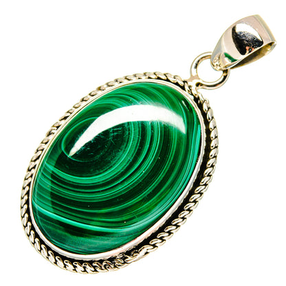 Oval green malachite pendant with rope-edge 925 sterling silver bezel and hanging bail.