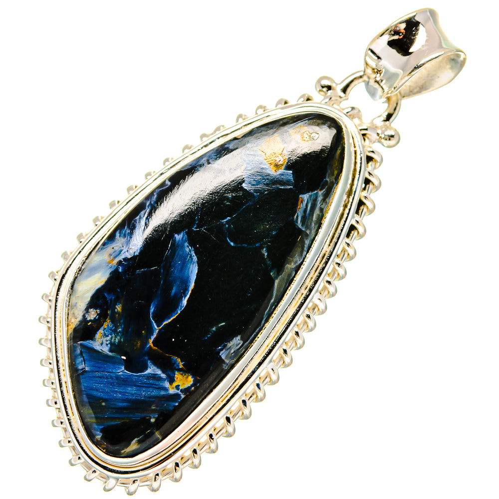 Sterling silver teardrop bail pendant with oval pietersite stone, dark with blue veining