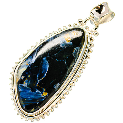 Sterling silver teardrop bail pendant with oval pietersite stone, dark with blue veining