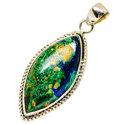 Sterling silver pendant with oval azurite-malachite stone, ornate rope bezel and bail