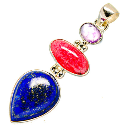 Sterling silver teardrop pendant with lapis, rhodochrosite, and amethyst stones, top loop