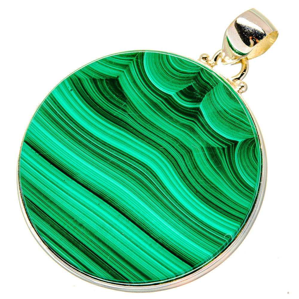 Green malachite round pendant with 925 sterling silver bezel and gold-tone bail