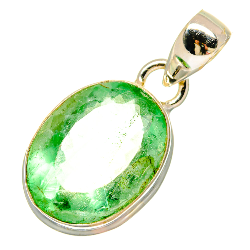 Green fluorite oval pendant with shiny sterling silver bail and loop, bezel-set