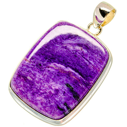 Purple charoite rectangle pendant in 925 sterling silver bezel with round bail