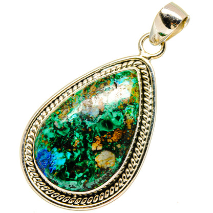 Teardrop malachite-and-chrysocolla pendant with 925 sterling silver bail and border