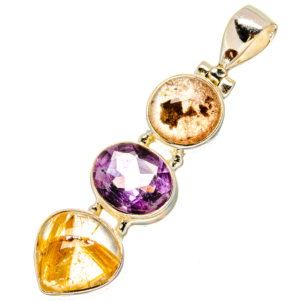 Heart-shaped gemstone pendant with purple amethyst and amber rutilated quartz, gold-tone bezel