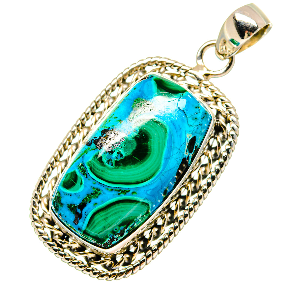 Malachite in chrysocolla pendant with blue-green oval stone and silver rope frame