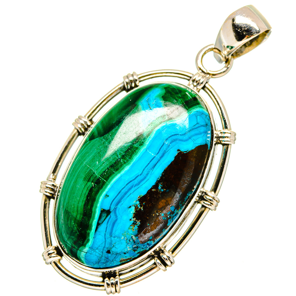 Sterling silver oval pendant with green, blue chrysocolla/malachite stone and top bail.