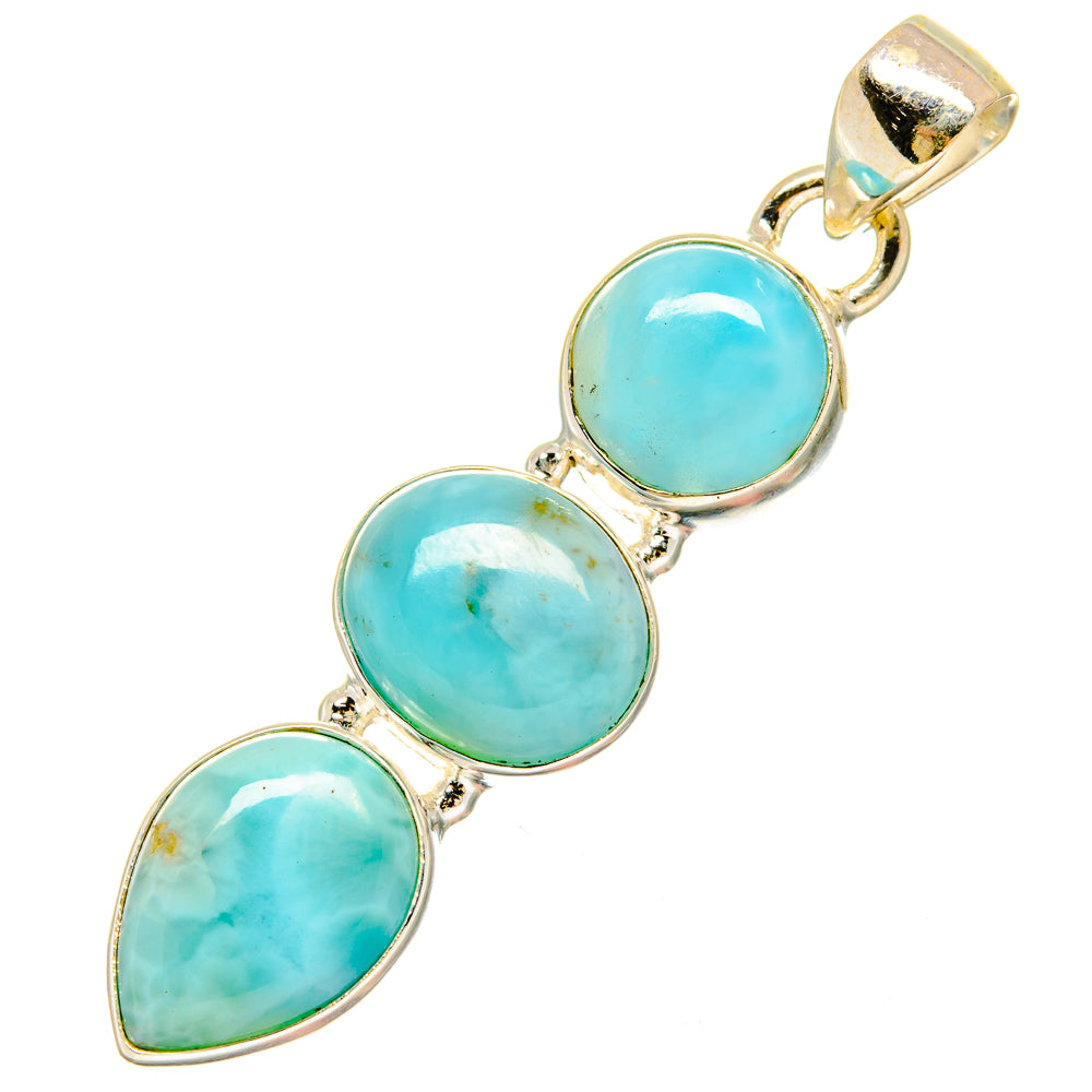 Tri-larimar sterling silver pendant, three oval light-blue stones with hinged bail