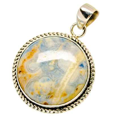 Round blue scheelite pendant in 925 sterling silver with textured rope border and bail