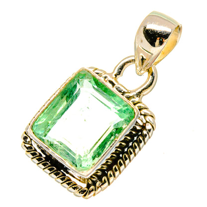 Green fluorite rectangular pendant in 925 silver bezel with ornate frame
