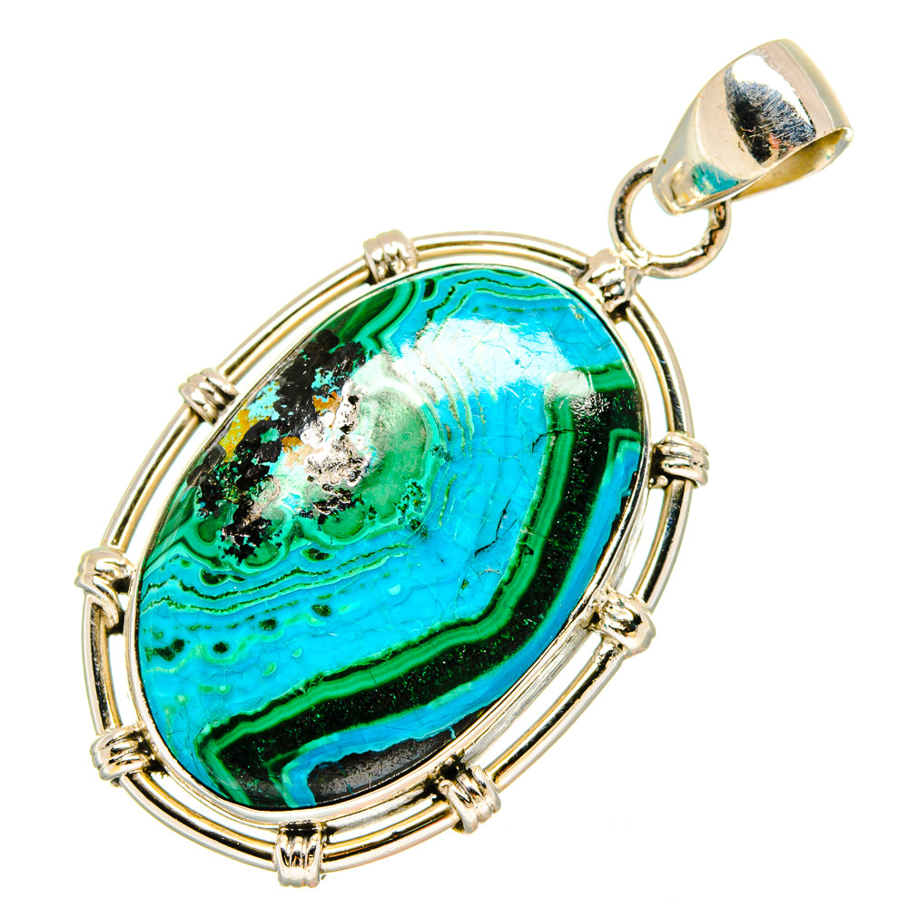 Oval blue-green marbled gemstone pendant in sterling silver bezel with bail loop