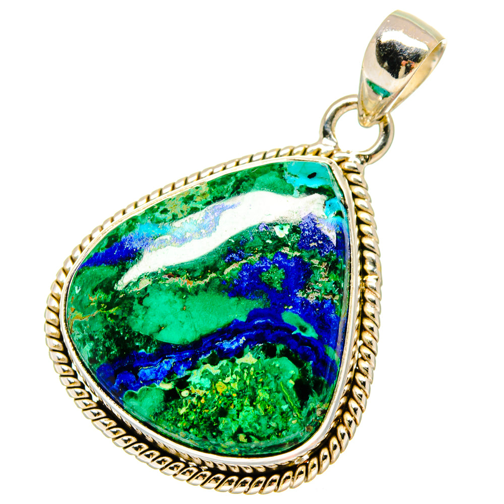 Sterling silver azurite-malachite teardrop pendant with rope bezel and bail
