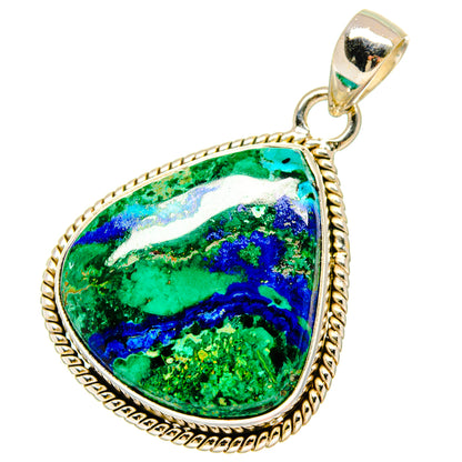 Sterling silver azurite-malachite teardrop pendant with rope bezel and bail