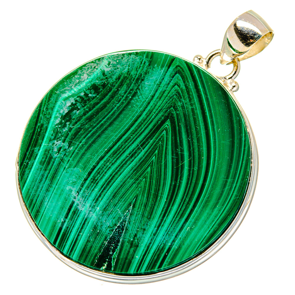 Large malachite pendant with green stone and 925 sterling silver bezel bail.