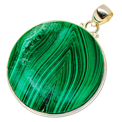 Large malachite pendant with green stone and 925 sterling silver bezel bail.