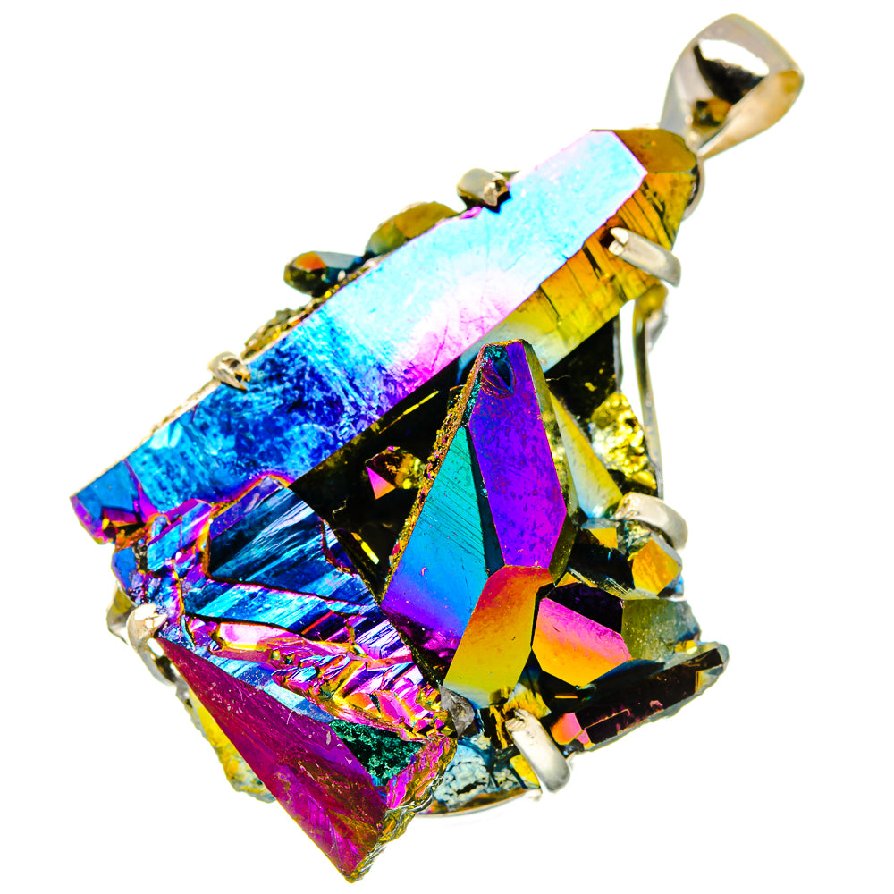 Large druzy pendant with rainbow blue, yellow, and purple crystals in silver setting