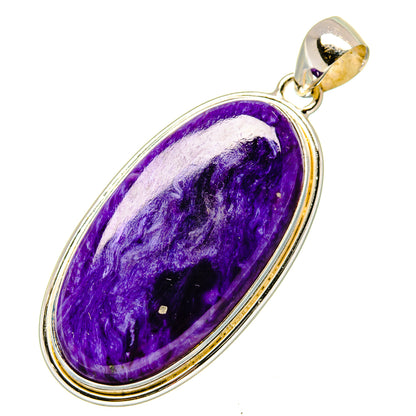Oval charoite pendant with purple gemstone set in 925 sterling silver bezel