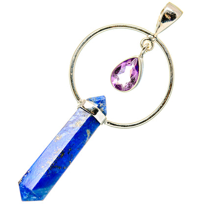 Sterling silver pendant with lapis lazuli point, amethyst teardrop, and round ring